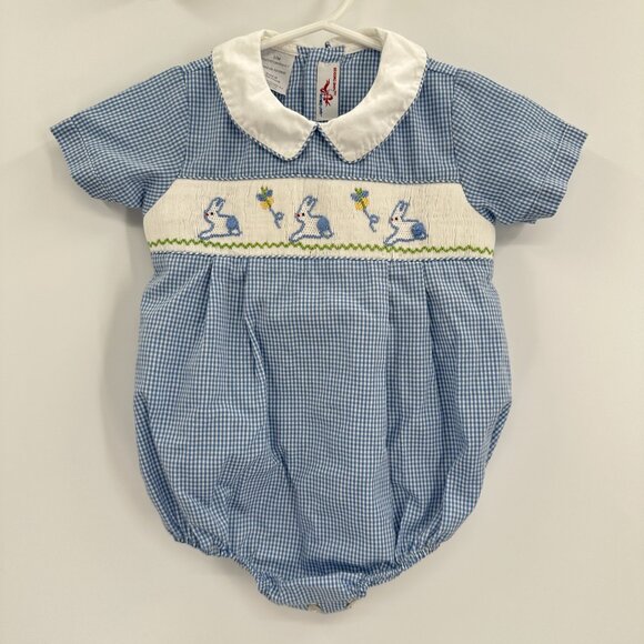 Silly Goose Hand Smocked Easter Bunny Bubble Romper 12 Months Gingham Baby Boy - Picture 1 of 8
